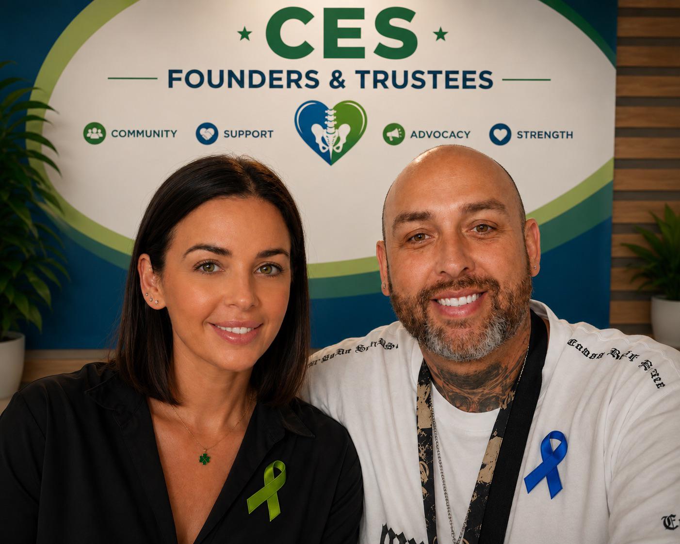 Gemma Hall and Darren Roberts, founders of Cauda Equina Support & Advocacy UK, in front of the CES Founders & Trustees backdrop.