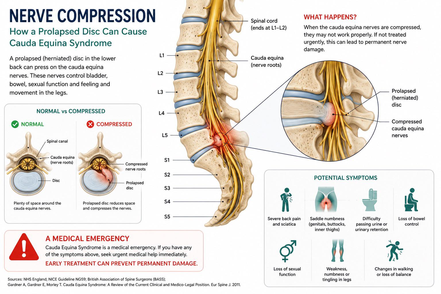 Infographic showing how a prolapsed disc compresses the cauda equina nerves and the resulting symptoms