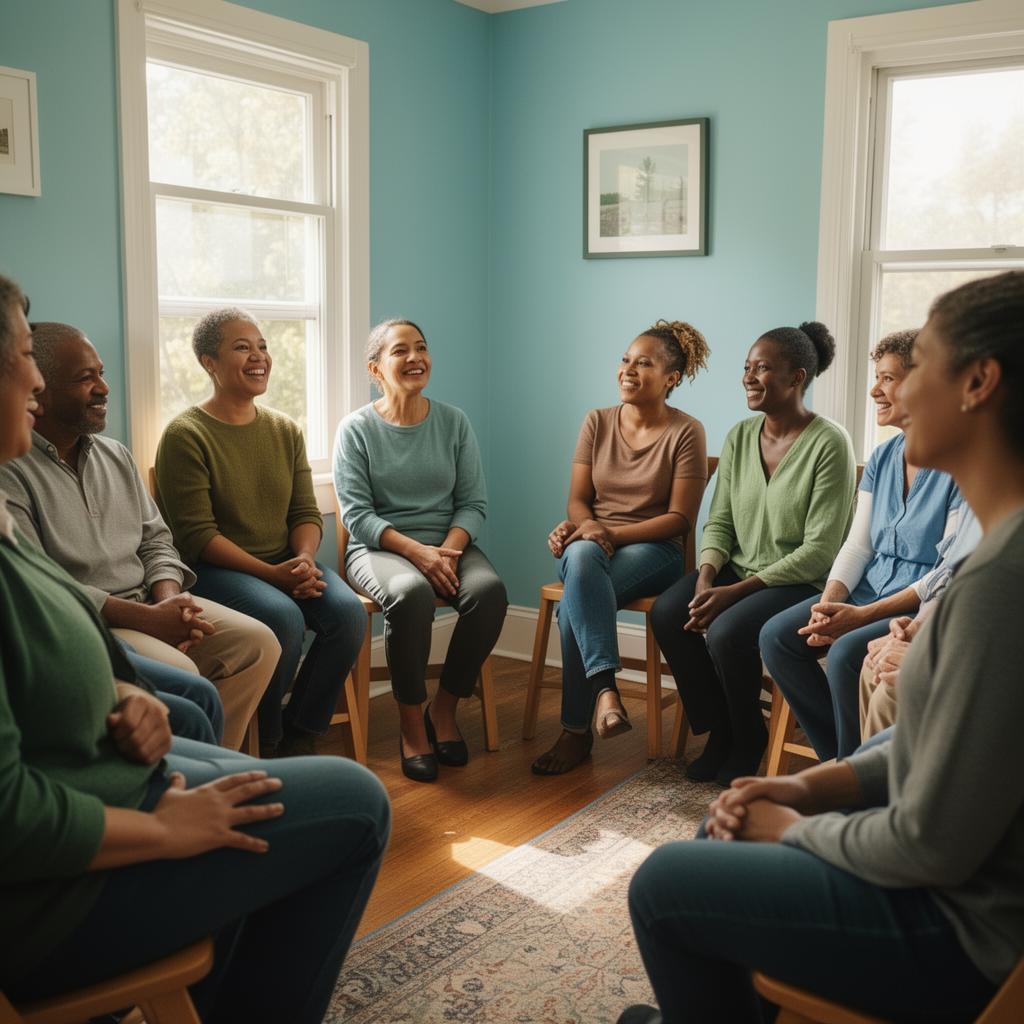 A diverse support group sitting together in a bright welcoming room