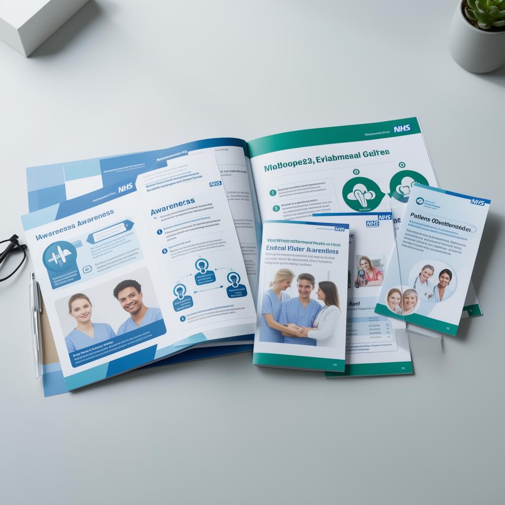 NHS-style awareness booklets and patient guides on a clean desk